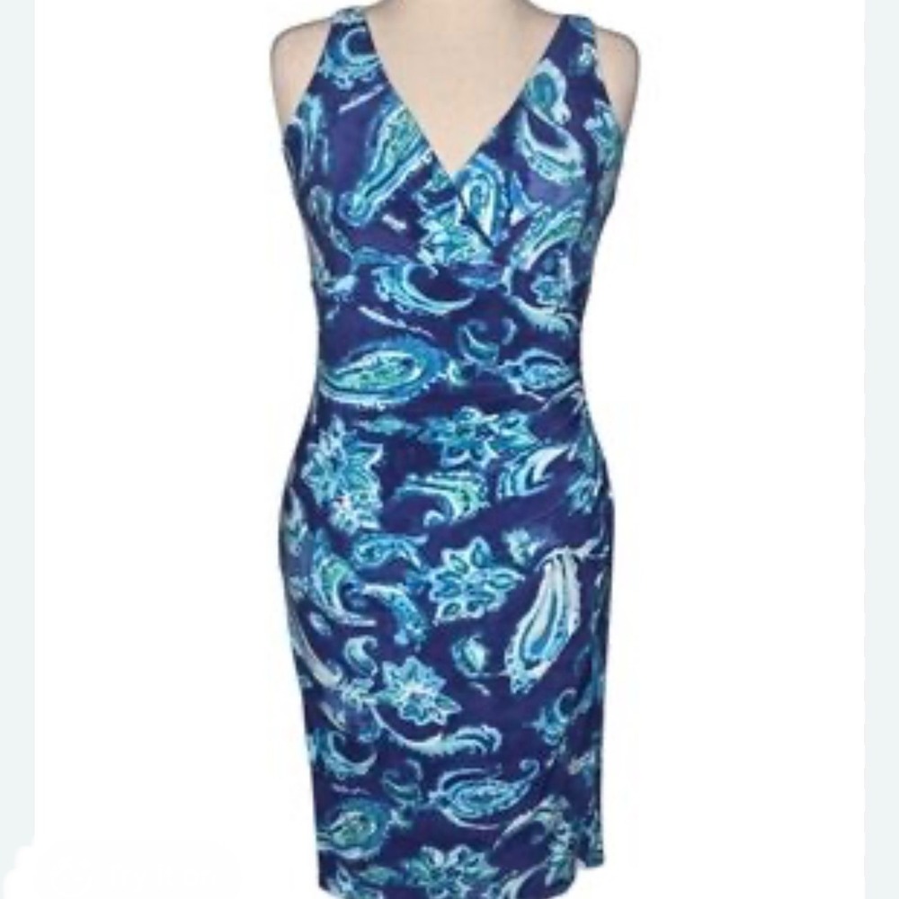 Ralph Lauren Blue Paisley Ruched Sheath Dress Womens 8 Coastal Date NIght Cruise
